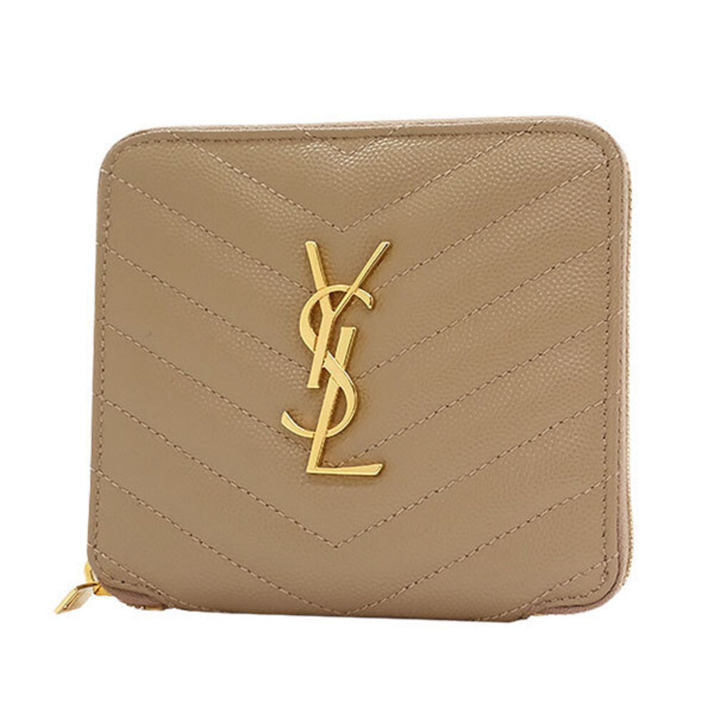 SAINT LAURENT Round Compact Wallet V Stitch Leather Beige YSL